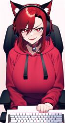 1girls ai_generated cat_ears cat_ears_headphones collar dog_collar ear_tuft egirl gamer_girl headphones headphones_on_head hoodie keyboard_(computer) novel_ai novelai original_character red_collar red_eyes red_hair red_hair_female red_hoodie smirk smirking smirking_at_viewer stable_diffusion wolf_ears wolfiegirl_redxoxo