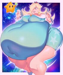 1girls belly big_belly blonde_hair blue_hair breasts chubby cleavage clothed crack_the_moon fat fat_fetish feeding female huge_belly luma mario_(series) nintendo overweight princess_rosalina shocked space star_bits super_mario_galaxy white_border