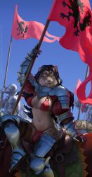 absurd_res ambiguous_gender anthro armor big_breasts black_hair bra breasts bulge clothing fangs felid female flag group gynomorph hair hel_(elfox) hi_res horseback intersex long_hair looking_at_viewer male mammal medieval_armour mickey_the_retriever pantherine panties plate_armor saddle sky smile snow_leopard teeth underwear