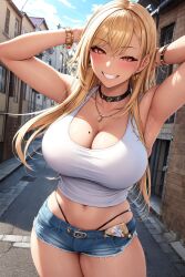 1girls ai_generated ai_love_higokko armpits arms_up beauty_mark blonde_hair booty_shorts breasts cleavage female grin gyaru huge_breasts jean_shorts kitagawa_marin long_hair looking_at_viewer mole_on_breast outdoors red_eyes short_shorts shorts smile sono_bisque_doll_wa_koi_wo_suru stable_diffusion tan tan-skinned_female tank_top tanned_skin thong thong_straps