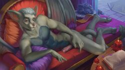 absurd_res anthro ass bat_wings blue_body blue_fur book candle castle digital_media_(artwork) ears_up flower fur furniture genitals grey_body grey_fur hair hi_res levsha male membrane_(anatomy) membranous_wings muscular penis plant pubes red_eyes sofa solo white_hair wings