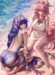 beach crab genshin_impact liang_xing on_ground pink_hair purple_hair raiden_shogun seaside swimwear yae_miko