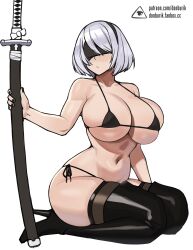 1girls android android_girl bikini black_bikini blindfold breasts donburikazoku female hair_over_one_eye holding_object huge_breasts kneeling large_breasts nier nier:_automata patreon_username short_hair simple_background slim_waist sword thick_thighs thighs white_hair yorha_2b