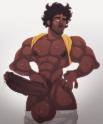 balls big_balls big_penis boner dark-skinned_male dark_skin erection facial_hair foreskin hairy huge_balls huge_cock intact male male_only muscles one_eye_closed pants_down penis precum shirt_behind_neck shirt_up solo solo_male sweaty throatpussy uncircumcised uncut