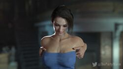 3d animated big_breasts blue_topwear clothing female human jill_valentine jill_valentine_(sasha_zotova) lip_bite mp4 pale_skin resident_evil resident_evil_3 resident_evil_3_remake revealing_breasts solo sound tagme thepartywurm titty_drop undressing video