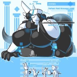 1:1 anthro baronflint belly belly_expansion big_breasts bodily_fluids body_size_growth breasts console dragon drooling exclamation_point expansion female female_pred gameplay_mechanics gigi_(baronflint) group level_difference level_number level_up machine macro meter number playstation_5 robot saliva size_difference size_transformation sony_corporation sony_interactive_entertainment thick_thighs transformation username vore