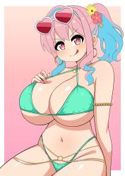 1girls belly_button blue_hair earrings female female_only fingernails flowers_in_hair hozuki_kaede licking_lips light-skinned_female light_skin looking_at_viewer nail_polish onii-chan_wa_oshimai! pink_eyes pink_hair pink_nails solo sunglasses sunglasses_on_head swimsuit the_only_shoe two_tone_hair