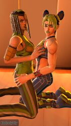 2girls 3d dark-skinned_female dark_skin ermes_costello female female_only fully_clothed hand_on_breast jojo's_bizarre_adventure jolyne_kujo looking_at_viewer nobodyrly_(artist) posing pov sfm stone_ocean yuri