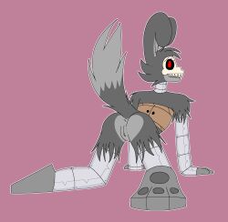 anthro anus ass bone bra butt_heart canid canine canis clothed clothing digital_media_(artwork) female flat_chested fur genitals grey_body grey_fur hair hi_res hybrid lagomorph leporid machine mammal nude pawpads paws pink_background pussy rabbit red_eyes robocattnsfw robot robotic_arm robotic_leg rose_(robocatt) sharp_teeth simple_background skull solo teeth underwear wolf