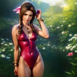 aerith_gainsborough ai_generated brown_hair final_fantasy final_fantasy_vii final_fantasy_vii_remake green_eyes looking_at_viewer ponzuaji swimsuit