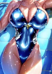 1girls ai_generated breasts competition_swimsuit face_out_of_frame female highleg_swimsuit huge_breasts light-skinned_female light_skin lying_on_back one-piece_swimsuit original original_character shiny_swimsuit stable_diffusion swimsuit wet wet_body