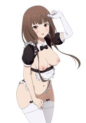 1girls absurdres accurate_art_style blush brown_hair coro_fae elbow_gloves female female_only gloves hair_ornament highres human iino_miko kaguya-sama_wa_kokurasetai_~tensai-tachi_no_renai_zunousen~ maid midriff nipples non-web_source official_style pussy solo thighhighs thighs uncensored white_background white_gloves