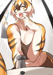 1girls amber_eyes anthro arknights aspirindabaitu big_breasts breasts female glass looking_at_viewer mirror mx99926 solo solo_female tagme teeth tiger tiger_girl tongue tongue_out waai_fu_(arknights)