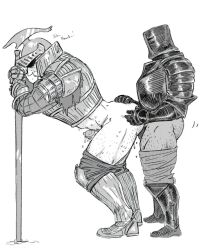 2boys armor ass_grab bent_over black_iron_tarkus body_hair clothed_sex crestfallen_merchant dark_souls doggy_style from_behind fromsoftware full_body gauntlets hairy hamfoot1 hands_on_ass helmet knight male male_only monochrome muscular_thighs pants_down profile size_difference small_dom_big_sub standing thick_thighs yaoi