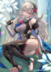 1girls alternate_costume ass bare_shoulders black_gloves black_panties black_thighhighs blurry breasts bug butterfly corrin_(female)_(fire_emblem) corrin_(female)_(resplendent)_(fire_emblem) corrin_(fire_emblem) corrin_(fire_emblem)_(female) covered_navel depth_of_field dress elbow_gloves female female_only fire_emblem fire_emblem_fates fire_emblem_heroes flower gloves grey_hair hair_flower hair_ornament hairband large_breasts long_hair looking_at_animal nintendo official_alternate_costume panties panty_straps pointy_ears red_eyes see-through sleeveless sleeveless_dress sleeveless_turtleneck smile snow20200 solo thighhighs thighs toeless_legwear turtleneck turtleneck_dress twitter_username underwear