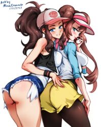 2girls ass bare_shoulders big_ass big_breasts black_legwear black_pantyhose blue_eyes blush brown_hair cap chest clothed female female_only hand_on_ass hat highres hilda_(pokemon) hotpants jean_shorts large_breasts legs legwear light-skinned_female long_hair looking_at_viewer looking_back minacream nail_polish nails pantyhose pokeball pokemon pokemon_bw pokemon_bw2 ponytail rosa_(pokemon) seductive seductive_look seductive_smile shorts sleeveless smile standing t-shirt thick_thighs thighs twintails very_long_hair vest white_background yuri