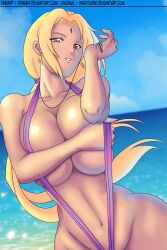 1girls atma94 beach big_breasts blonde_hair breast_grab breasts breasts_bigger_than_head cleavage crystal female female_only grabbing_own_breast holding_object hourglass_figure huge_breasts impossible_swimsuit jewelry long_hair mature mature_female naruto naruto_(series) naruto_shippuden necklace one-piece_swimsuit outdoors pinup revealing_swimsuit seaside slim_waist sling_bikini slingshot_swimsuit solo solo_focus swimsuit tied_hair tsunade twintails voluptuous whistlerx