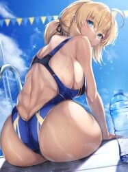 1girls ahoge alternate_breast_size alternate_eye_color artoria_pendragon ass backboob blonde_hair blue_eyes breasts competition_swimsuit dat_ass fate/grand_order fate/stay_night fate_(series) female hirasawa_seiji huge_ass huge_breasts light-skinned_female light_skin long_hair looking_at_viewer one-piece_swimsuit outdoors pawg pool saber sitting solo swimsuit water wet