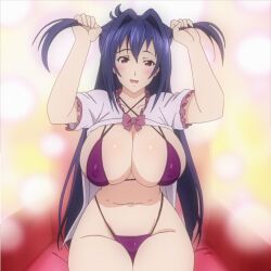 1girls alternate_hairstyle arms_up bikini blue_hair blush breasts bunching_hair cleavage hair_intakes huge_breasts long_hair looking_at_viewer maken-ki! maken-ki!_two mature_female navel nijou_aki nipple_bulge open_mouth pink_eyes purple_bikini screencap screenshot shrug_(clothing) smile third-party_edit twintails wide_hips