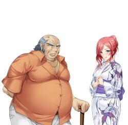 1boy 1girls 2d 2d_(artwork) alice_soft arima_shiori belt_buckle big_breasts blue_eyes cane cg couple duo fat_man father-in-law_and_daughter-in-law hands_behind_back hands_together heartful_maman highres kimono kinosaki_juuzo lips lipstick looking_at_viewer milf mother necklace old_man onigirikun orange_shirt photoshop red_hair smile standing tagme thick_thighs tight_clothing transparent_background white_pants