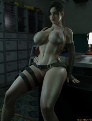 3d areolae armwear athletic athletic_female belt big_breasts biohazard blue_eyes breasts brown_hair busty capcom claire_redfield claire_redfield_(jordan_mcewen) female female_focus female_only firearm handgun hourglass_figure human legwear long_hair navel necklace neckwear nipples nude nude_female nudity pale_skin pinup pinup_pose ponytail pose posing pussy resident_evil resident_evil_2 resident_evil_2_remake sexiieensfw shaved_pussy sitting solo tactical_nudity vagina weapon wide_hips