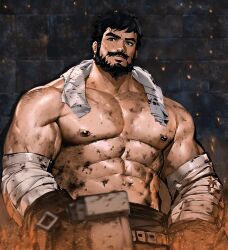 1boy 1male abs ai_generated bandage bandages bara beard big_chest big_pecs black_hair blacksmith blacksmith_hammer daddy dirty dopq facial_hair genshin_impact gloves hammer large_pectorals male male_nipples male_only muscle muscular muscular_arms muscular_male nipples novelai pectorals shirtless shirtless_(male) shirtless_male solo solo_male stable_diffusion towel towel_around_neck wagner_(genshin_impact)