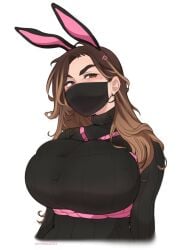 1girls 2023 angry_vein annoyed annoyed_expression artist_self-insert big_breasts black_sweater blush brown_eyes brown_hair cheri_(cherrikissu) cherrikissu digital_drawing_(artwork) digital_media_(artwork) face_mask female female_only full_body harness human large_breasts long_hair looking_at_viewer masked masked_female oppai posing rabbit_ears real_person self_portrait solo solo_female standing sweater vein voluptuous voluptuous_female white_background