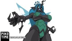 animated anthro anthrofied artist_logo artist_name big_breasts black_body bouncing_breasts changeling claws clothing_skin crown female grey_hair holes_(anatomy) horn long_ears long_hair my_little_pony my_little_pony_friendship_is_magic open_arms patreon_url patreon_username pikotime queen_chrysalis_(mlp) simple_background solo speaking transparent_background wings