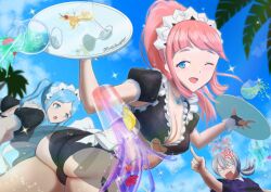 1boy 2girls ;d accident alternate_costume anger_vein angry ass back backless_outfit bangs bare_back bare_thighs big_ass bikini black_bikini black_swimsuit blue_eyes blue_hair breasts cleavage cleavage_cutout clumsy day drink felicia_(fire_emblem) female_focus fire_emblem fire_emblem_fates flora_(fire_emblem) glass jakob_(fire_emblem) long_hair looking_at_viewer maid matoimangekyo medium_breasts multiple_girls nintendo one_eye_closed outdoors pink_hair pointing ponytail pose see-through short_hair siblings sisters solo_focus sparkles swimsuit thighs twins twintails underboob wink