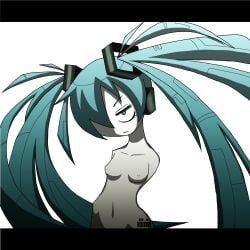 1girls animenishikihebi barcode barcode_tattoo blue_eyes blue_hair female hatsune_miku headphones long_hair medium_breasts nude pale-skinned_female pale_skin solo tattoo twintails vocaloid white_background