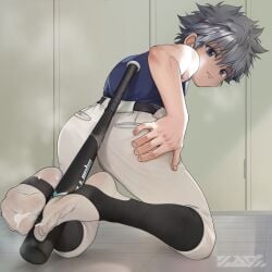 1boy ass back bangs baseball_bat baseball_uniform belt bishonen black_belt blue_eyes blue_shirt closed_mouth cum cum_on_clothes cum_on_feet hand_on_own_ass hunter_x_hunter killua_zoldyck kneeling male male_focus male_only pants presenting_hindquarters risukoyama shirt short_hair smile solo sportswear stirrup_legwear white_hair white_pants yaoi