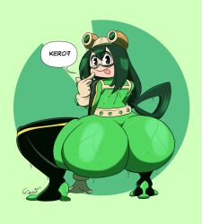 1girls ass big_ass bubble_butt cinderdraws female female_only green_hair hero_outfit_(mha) huge_ass looking_at_viewer looking_back my_hero_academia speech_bubble thick_thighs tongue tongue_out tsuyu_asui wet wide_hips