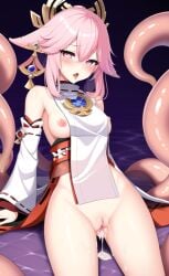 1girls after_sex ai_generated breasts breasts_out clothed clothing cum cum_in_pussy detached_sleeves female female_focus genshin_impact hair hair_ornament nai_diffusion nipples no_panties open_mouth pink_eyes pink_hair pixai stable_diffusion tentacle tentacles tongue tongue_out uncensored yae_miko