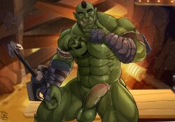 abs balls blazar bodily_fluids boruk_(ad-games) ear_piercing fangs genital_fluids genitals green_body green_skin hi_res humanoid leaking_precum male male_only muscular muscular_humanoid muscular_male nipples orc orc_male pecs penis piercing precum solo tattoo teeth vein veiny_penis