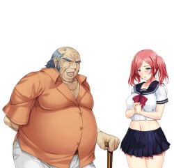 1boy 1girls 2d 2d_(artwork) alice_soft arima_shiori belt_buckle big_breasts blue_eyes cane cg couple duo fat_man father-in-law_and_daughter-in-law hands_behind_back hands_together heartful_maman highres kinosaki_juuzo lips lipstick looking_at_viewer milf mother navel necklace old_man onigirikun orange_shirt photoshop red_hair sailor_uniform smile standing tagme thighs transparent_background twintails white_pants