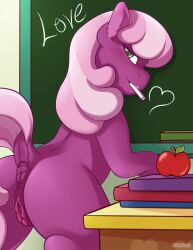 anus apple aries84 ass chalkboard cheerilee_(mlp) colored equid equine female feral friendship_is_magic fur genitals hair hasbro hi_res looking_at_viewer looking_back looking_back_at_viewer mammal mature_female my_little_pony pink_hair purple_body purple_fur pussy solo