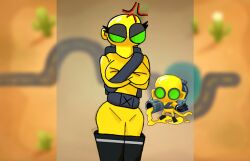 adhesa_(bloonifort) arms_crossed bloons_tower_defense boots btd6 clothed end_of_the_road glue glue_gunner green_eyes latex solo yellow_suit