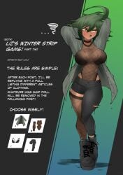 arms_behind_head black_bra black_lipstick choker embarrassed english_text fishnets flytrapxx goth green_hair jacket l liz_(flytrapxx) original ripped_pants strip_game sweat