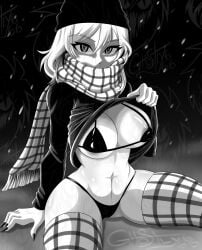 2d anthro beanie big_breasts bikini black_and_white black_and_white_eyes black_beanie black_bikini black_lingerie black_nails black_panties black_shirt black_underwear breasts breasts_out checkered_clothes checkered_clothing checkered_legwear checkered_scarf exposed_breasts exposed_pussy eyebrows_visible_through_hair female female_focus female_only ghostly666 grey_eyes greyscale illusion lingerie long_socks looking_at_viewer meme monochrome nails nipple_bulge rage_comics rule_63 scarf shirt_lift short_hair showing_breasts stockings thighhighs trollface trollface_(ai) vagina white_body white_hair