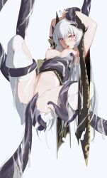 armpits arms_up breasts cleavage dragon_girl dragon_horns fate/grand_order fate_(series) female horn horns kiyohime_(fate) kiyohime_(fate/grand_order) long_hair medium_breasts multi_horn newflame nipples red_eyes restrained solo suspension tentacle thighhighs torn_clothes vaginal_penetration white_hair white_thighhighs