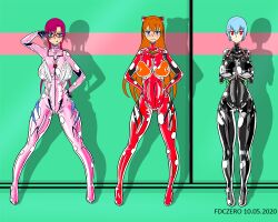 3girls asuka_langley_sohryu blue_hair breasts brown_hair fdczero female human large_ass large_breasts light_skin light_skinned_female long_hair mari_illustrious_makinami neon_genesis_evangelion nipples orange_hair pale-skinned_female pale_skin plugsuit pre-transformation pussy rebuild_of_evangelion rei_ayanami short_hair thick_thighs transformation wide_hips