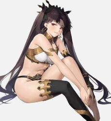 1girls anklet armlet bare_arms bare_legs bare_shoulders barefoot bikini black_hair black_legwear breasts cotta_(heleif) detached_sleeves earrings fate/grand_order fate_(series) female female_only gold gold_jewelry ishtar_(fate) jewelry legs light-skinned_female light_skin medium_breasts midriff red_eyes sitting solo solo_female swimsuit thighhighs thighs tiara twintails white_skin