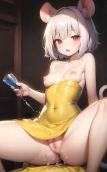 ai_generated animal_ears cameltoe light_skin mouse nazrin nipples open_mouth pussy_juice red_eyes shiny_skin short_hair spread_legs stable_diffusion tail thick_thighs touhou wet white_hair