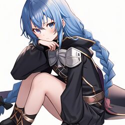 1girls ahoge ai_generated bangs black_bow blue_eyes blue_hair bow braid brown_cape cape crossed_bangs female female_only full_body hairbow hand_on_knees knees_to_chest long_braid long_hair long_sleeves looking_at_viewer mushoku_tensei roxy_migurdia shoes simple_background sitting skirt solo solo_female stable_diffusion twin_braids upscaled waifu2x white_background