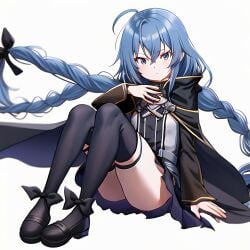 1girls ahoge ai_generated bangs black_bow blue_eyes blue_hair bow braid brown_cape cape crossed_bangs female female_only full_body hairbow hand_on_knees knees_to_chest long_braid long_hair long_sleeves looking_at_viewer mushoku_tensei roxy_migurdia shoes simple_background sitting skirt solo solo_female stable_diffusion twin_braids upscaled waifu2x white_background