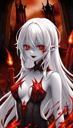 1girls ai_generated blood ear eyes female_only flames hair messy pointy red ruins skin solo_female stable_diffusion upscaled vampire waifu2x white_gloves