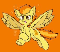 2022 brown_eyes chest_tuft cutie_mark digital_media_(artwork) equid equine fangs feathered_wings feathers female feral fluffy flying friendship_is_magic fur hair hasbro head_tuft heart hi_res hooves mammal my_little_pony orange_background orange_hair orange_tail orange_theme pegasus signature simple_background smile spitfire_(mlp) spookyfoxinc spread_wings tail teeth tuft underhoof wings wonderbolts_(mlp) yellow_body yellow_feathers yellow_fur