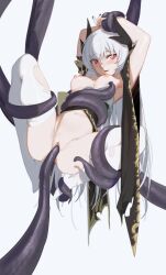 armpits arms_up breasts cleavage dragon_girl dragon_horns fate/grand_order fate_(series) female horn horns kiyohime_(fate) kiyohime_(fate/grand_order) long_hair medium_breasts multi_horn newflame nipples red_eyes restrained solo suspension tentacle thighhighs torn_clothes torn_thighhighs vaginal_penetration white_hair white_thighhighs