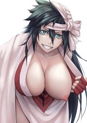 1girls absurdres big_breasts black_hair bleach blue_eyes breasts cape female highres huge_breasts kukaku_shiba large_breasts looking_at_viewer nipples one_breast_out presenting presenting_breasts sakuya_(liao_kj) smile voluptuous