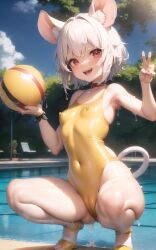 ai_generated animal_ears cameltoe light_skin mouse mouse_girl nazrin nipple_bulge red_eyes sharp_teeth shiny_skin short_hair smile squatting stable_diffusion swimsuit tail thick_thighs touhou wet white_hair